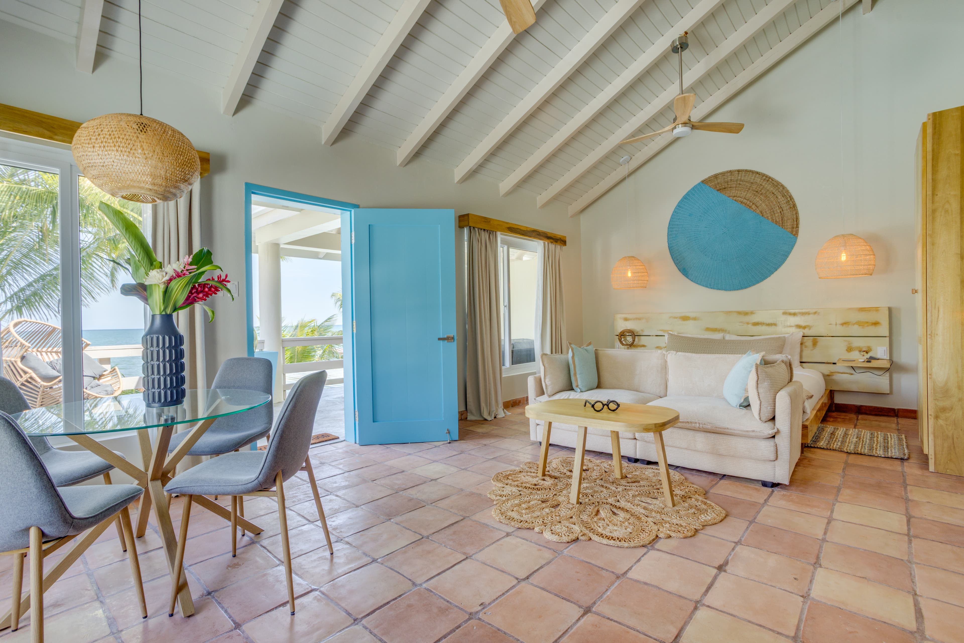 The living and sleeping area onto the sea front verandah