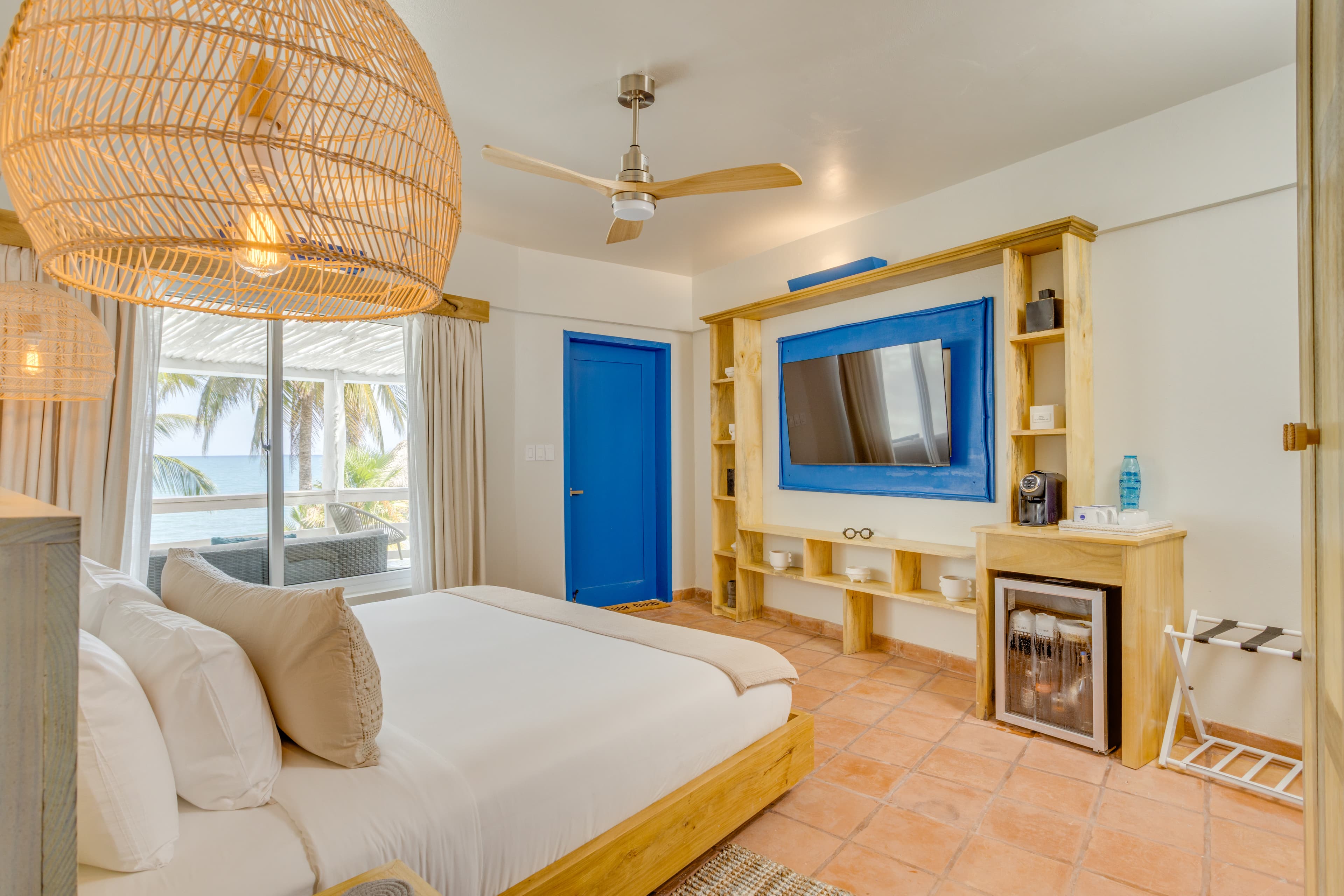 Hand crafted artwork, unique lighting and deluxe king sized bed