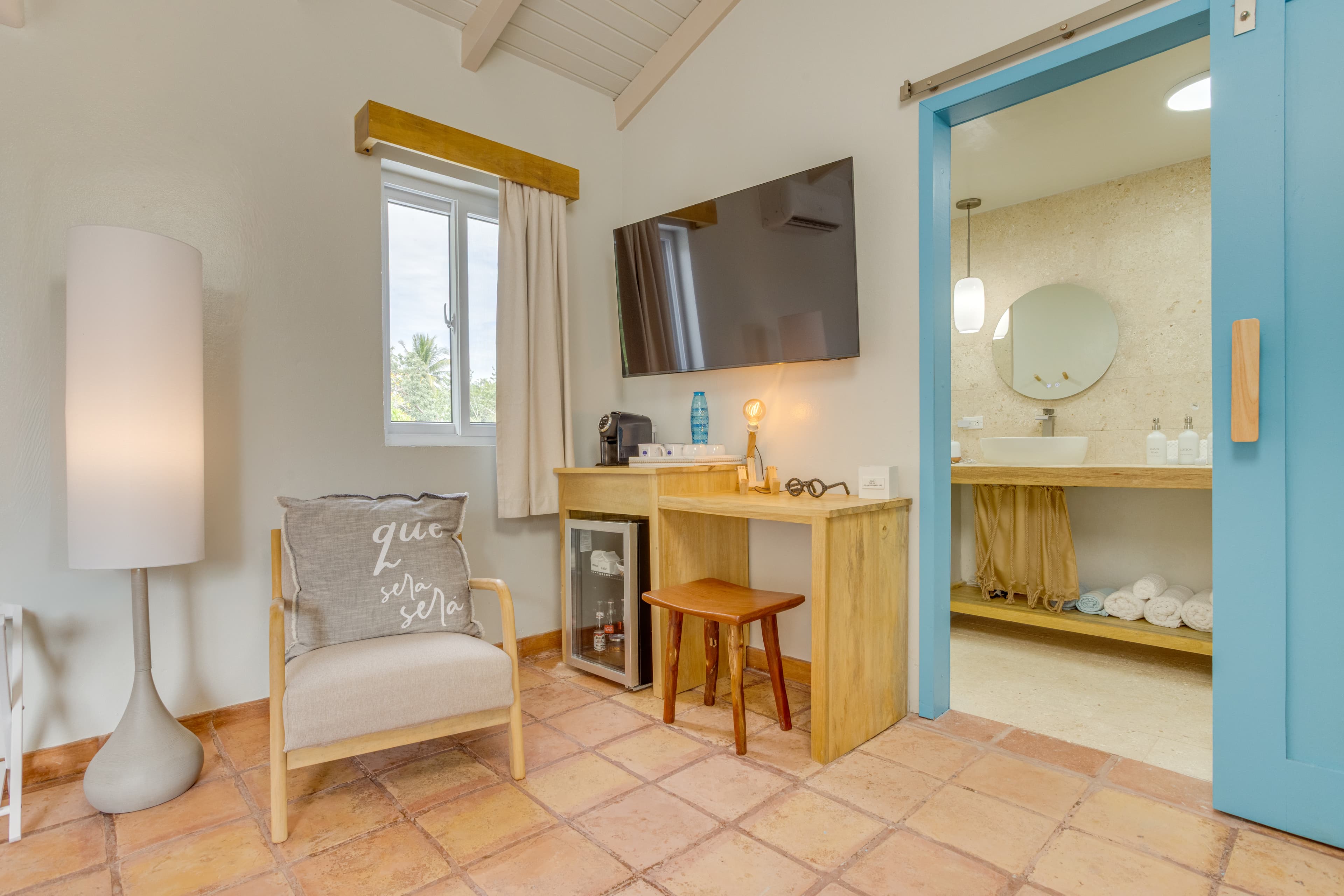 All the comforts of home in rustic beach luxury - premium linens, charging stations and AC