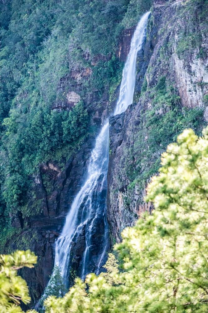 A tall waterfall cascades down a rocky cliff surrounded by lush greenery.