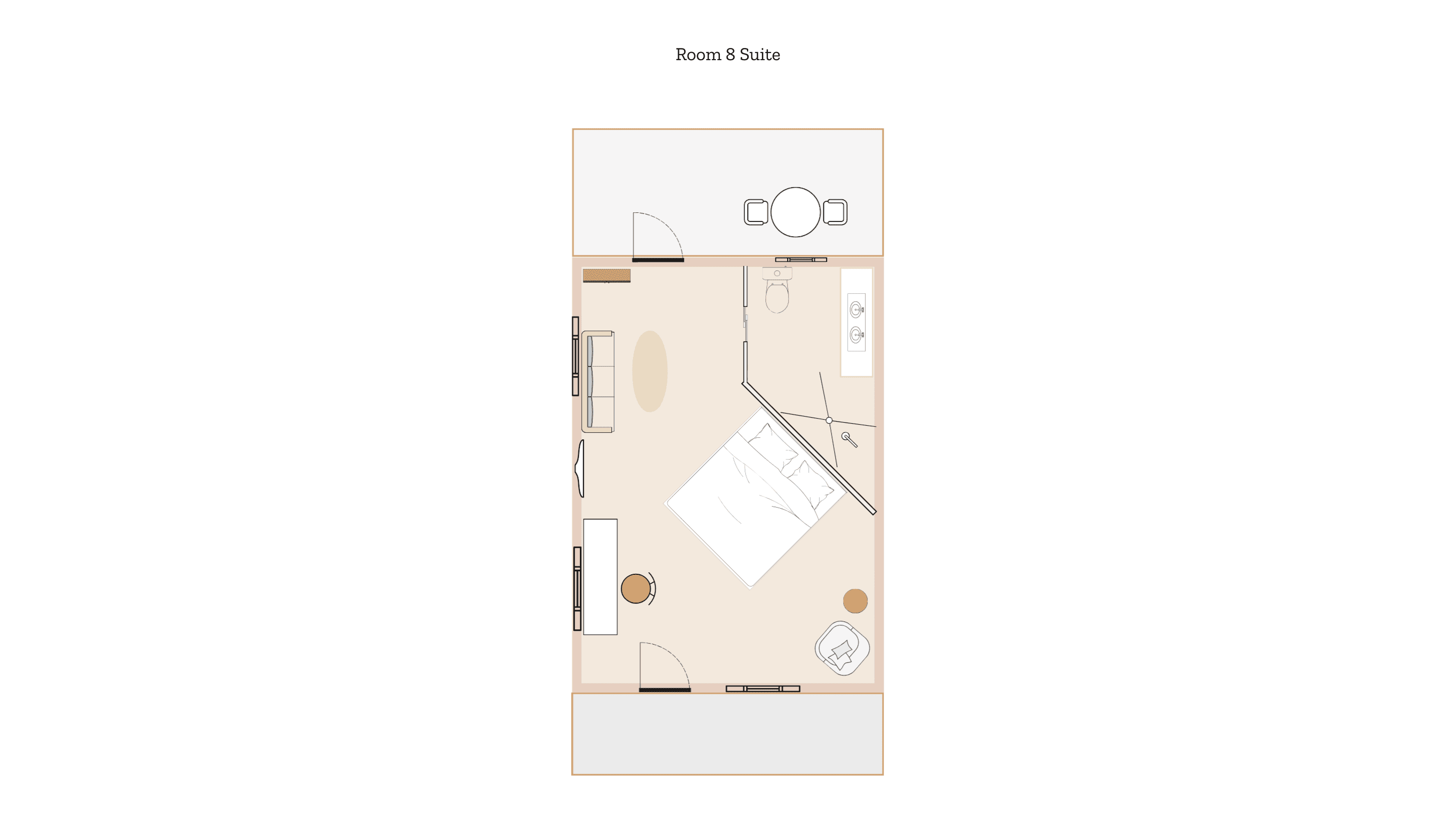 Floor plan of Room 8 Suite, detailing layout with furniture and fixtures.