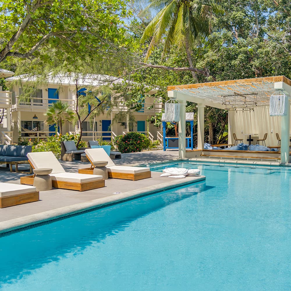 A serene pool area with lounge chairs, surrounded by tropical greenery and a shaded seating area.