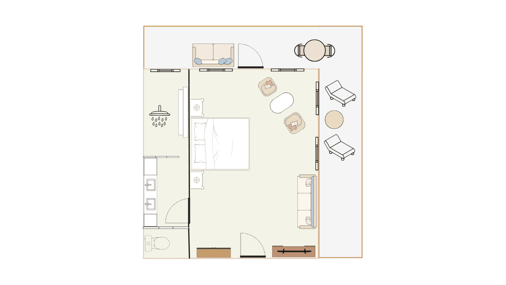 Diagram of a simple one-bedroom apartment layout with designated areas for a living room, kitchen, and bathroom.