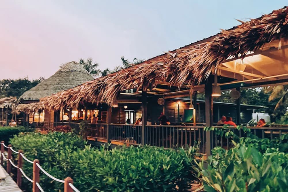 A straw-roofed restaurant with a wooden deck surrounded by lush greenery at dusk.