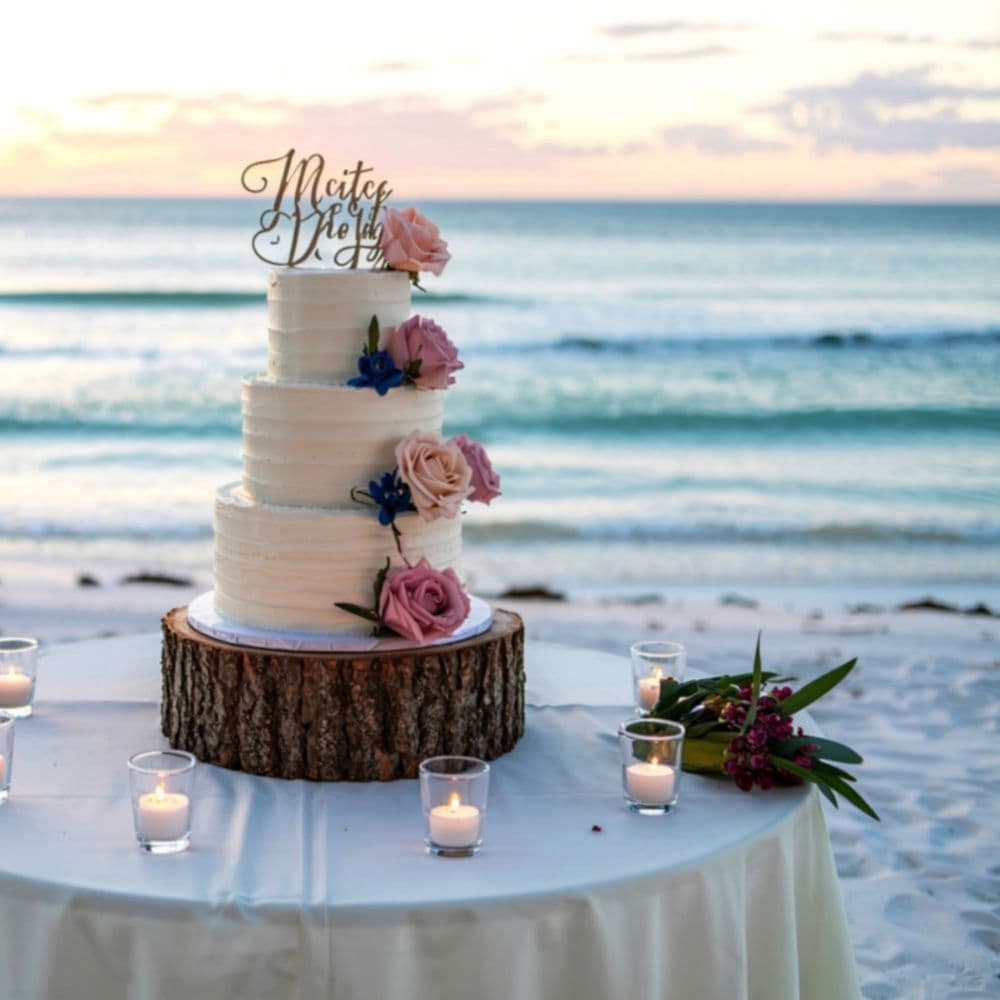 A three-tier wedding cake adorned with pink roses sits on a wooden stand, surrounded by candles, against a beach sunset backdrop.