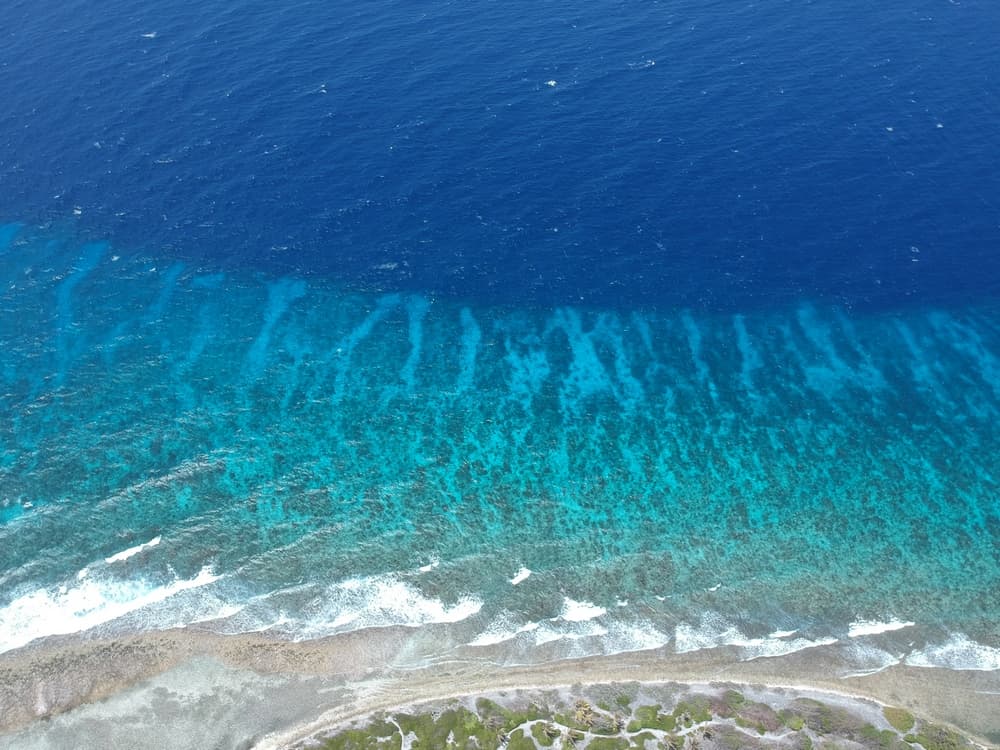 Aerial view of a vibrant blue ocean transitioning to a sandy shoreline.