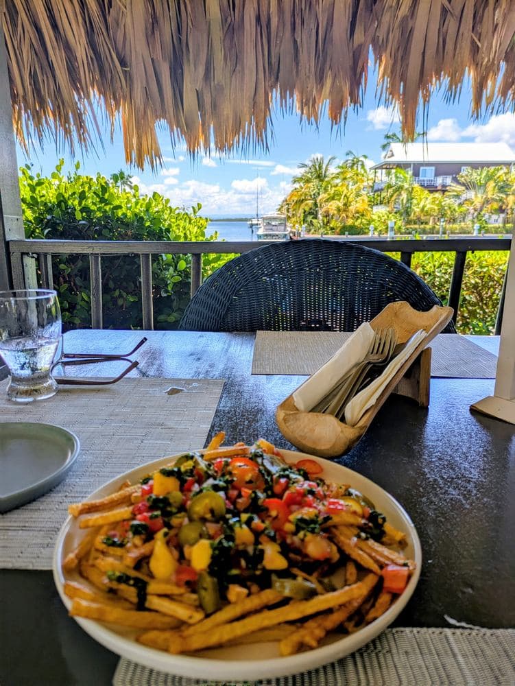 A plate of loaded fries topped with colorful toppings, viewed from a dining table under a thatched roof, with a tropical backdrop.