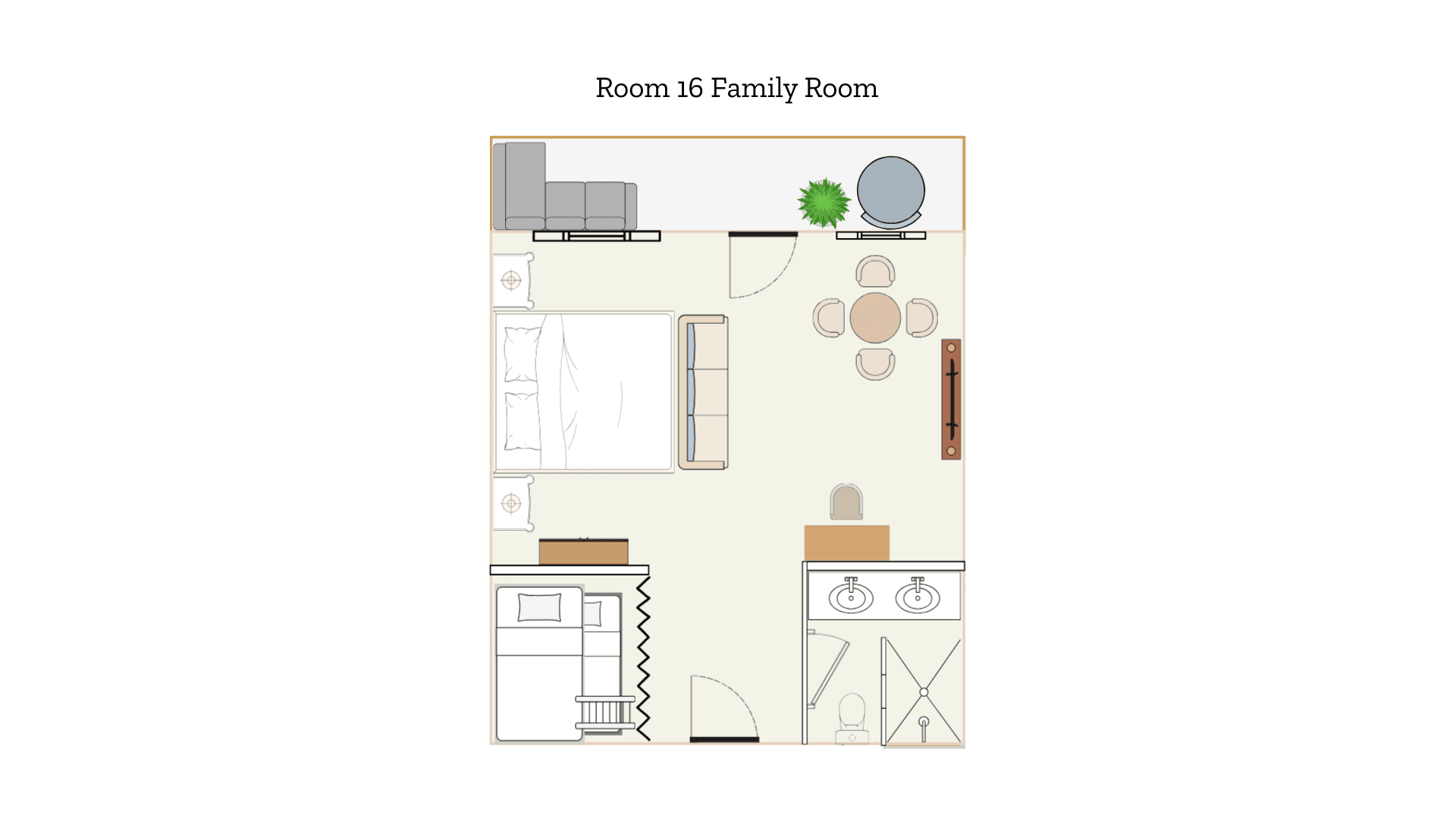 Floor plan of Room 16 featuring a family room layout with a sofa, dining table, and bathroom amenities.
