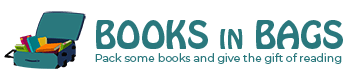 Logo for "Books in Bags," featuring a suitcase overflowing with colorful books, promoting reading on the go.