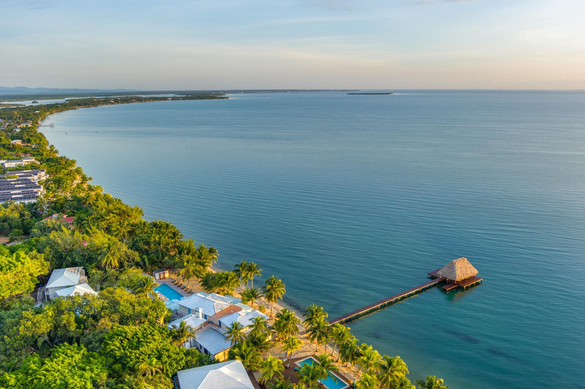 Aerial view of a lush coastline with calm waters and a wooden dock extending into the sea.