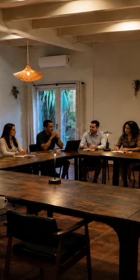 A group of five people engage in a meeting around a wooden table in a well-lit room.