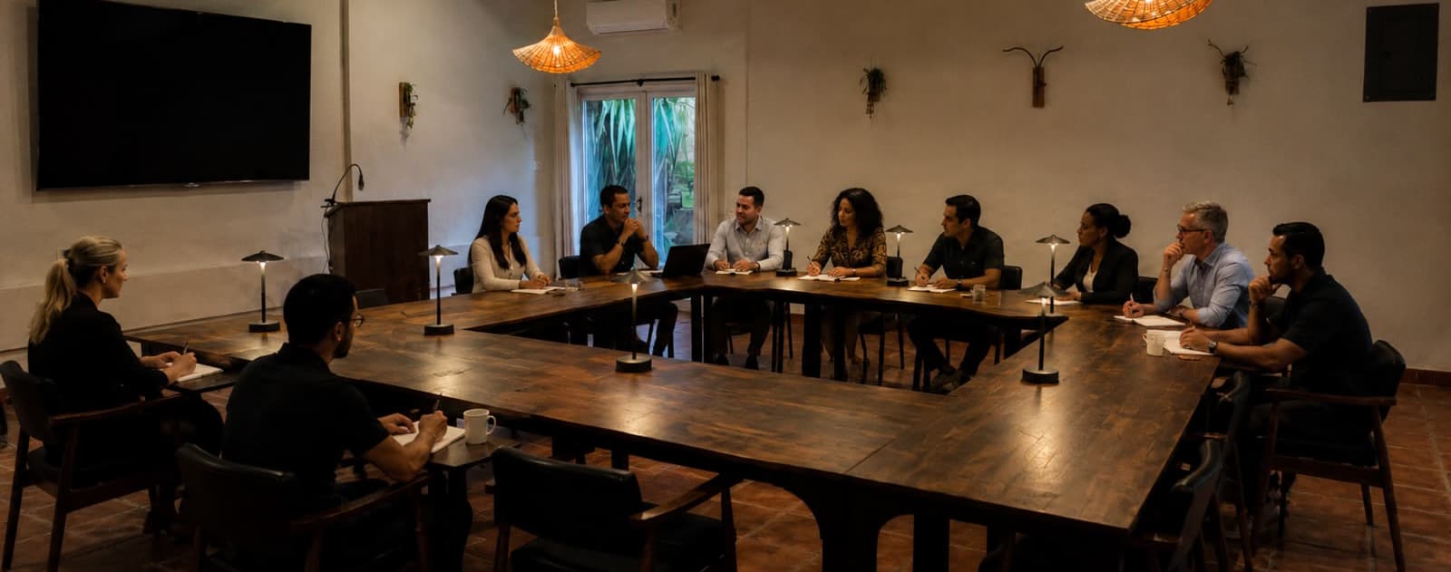 A group of nine people sits around a large wooden table in a meeting room, engaging in discussion.