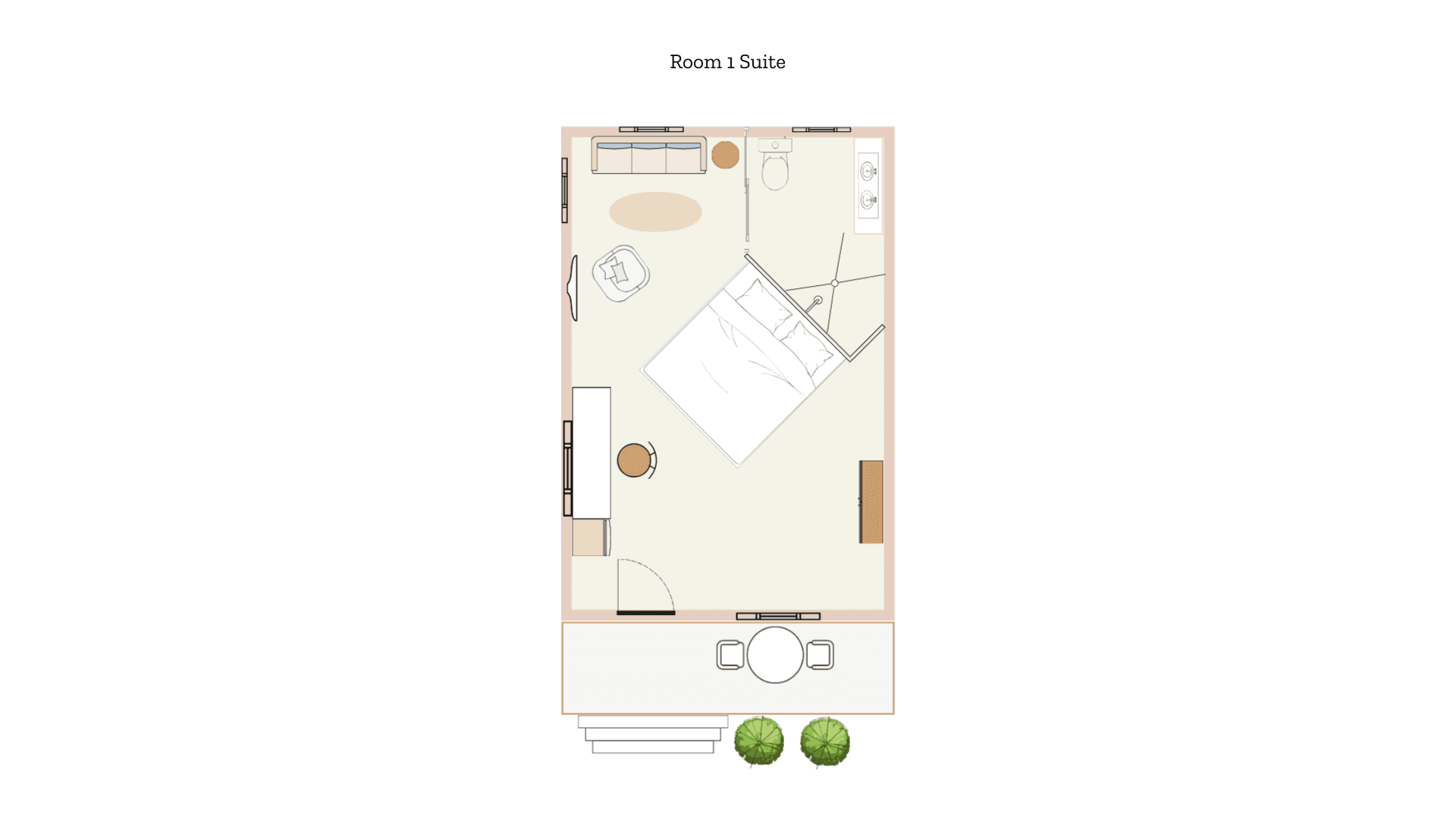 Floor plan of a suite with a bed, seating area, and bathroom.