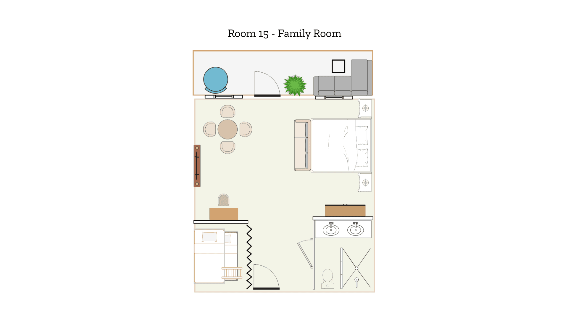 Floor plan of a family room featuring a seating area, dining table, and adjacent bathroom.