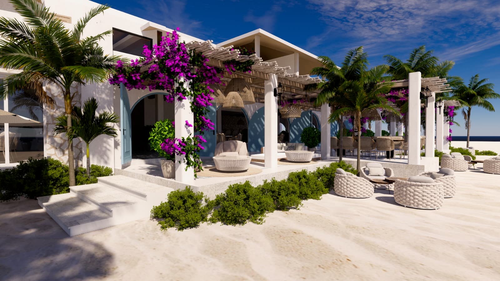 A modern beachfront villa surrounded by lush greenery and vibrant purple flowers.
