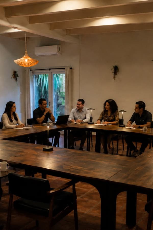 A group of six people seated around a wooden table engaged in a meeting in a well-lit room.