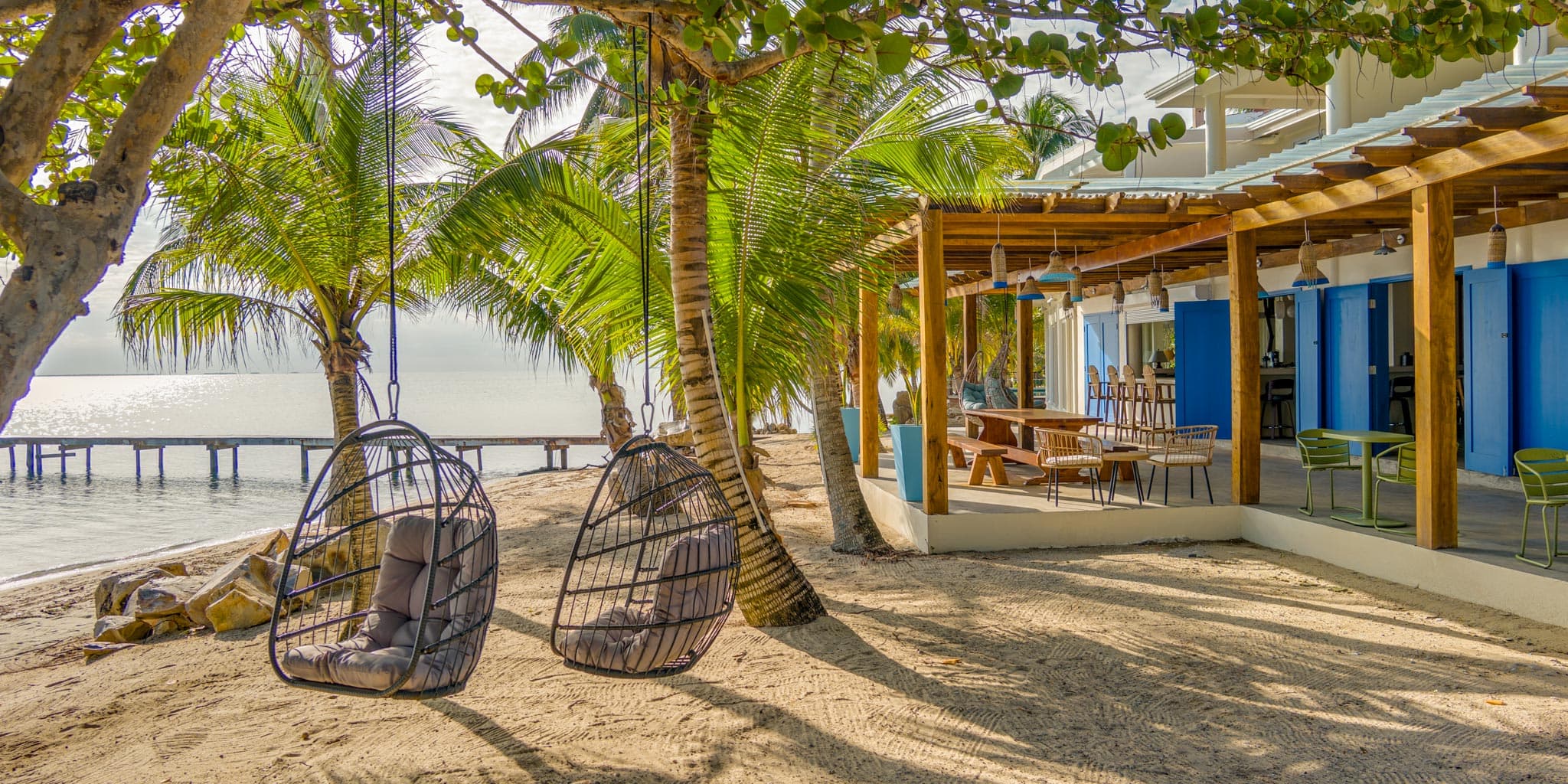 Aerial view of Bamboo Beach Bistro at Blue Reef Beach Resort in Placencia, Belize