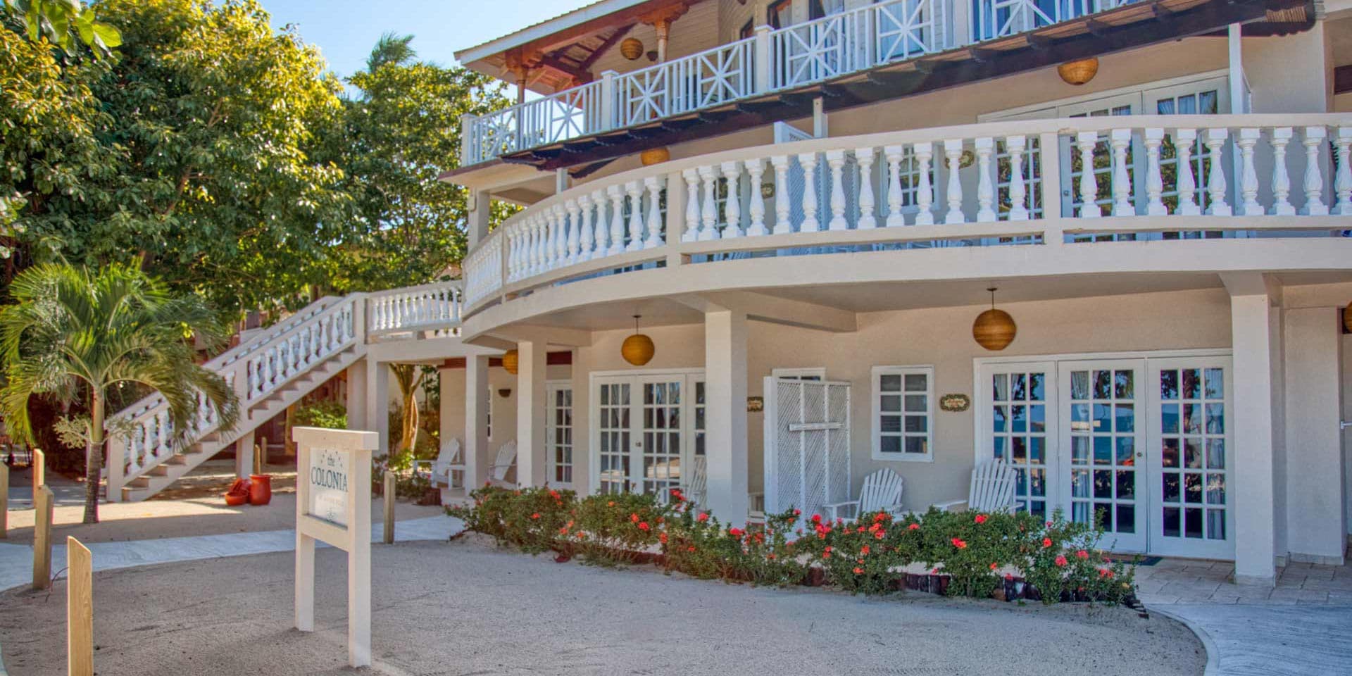 Front facade of The Colonial Inn at Jaguar Reef on the Caribbean coastline of Hopkins Village, Stann Creek District, Southern Belize