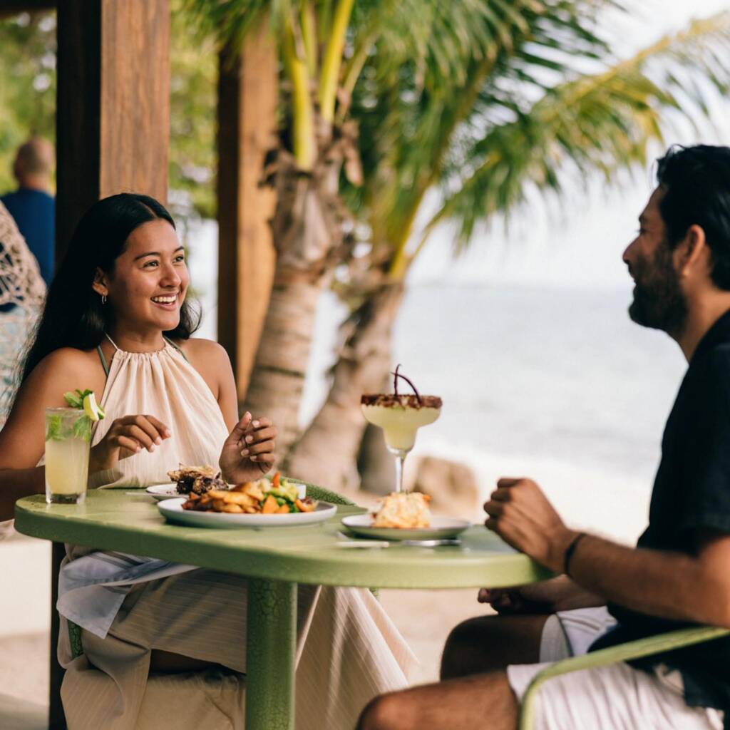 Pareja disfrutando de una cena romántica junto al océano en Blue Reef Beach Resort