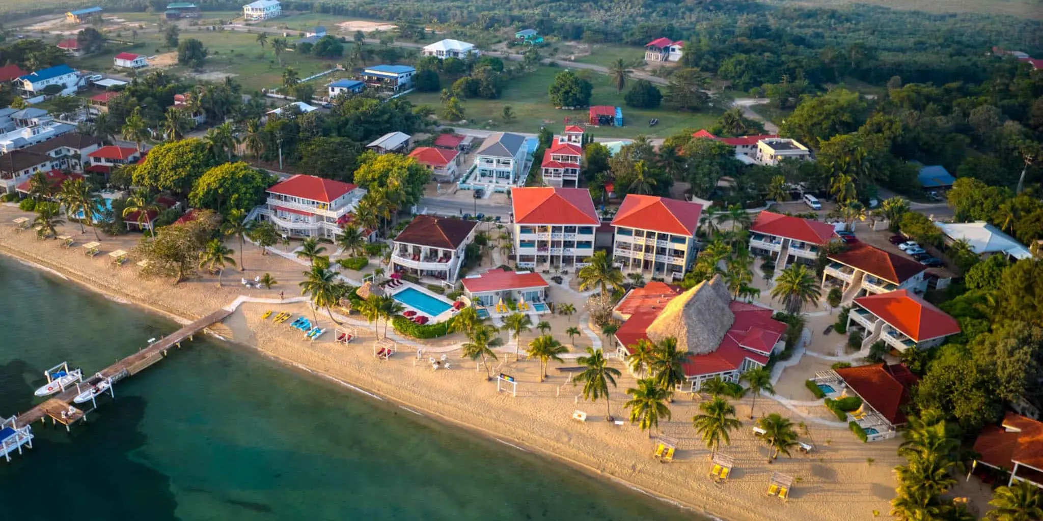 Aerial view of The Lodge at Jaguar Reef resort grounds and Caribbean beachfront, Hopkins Village, Stann Creek District, Southern Belize