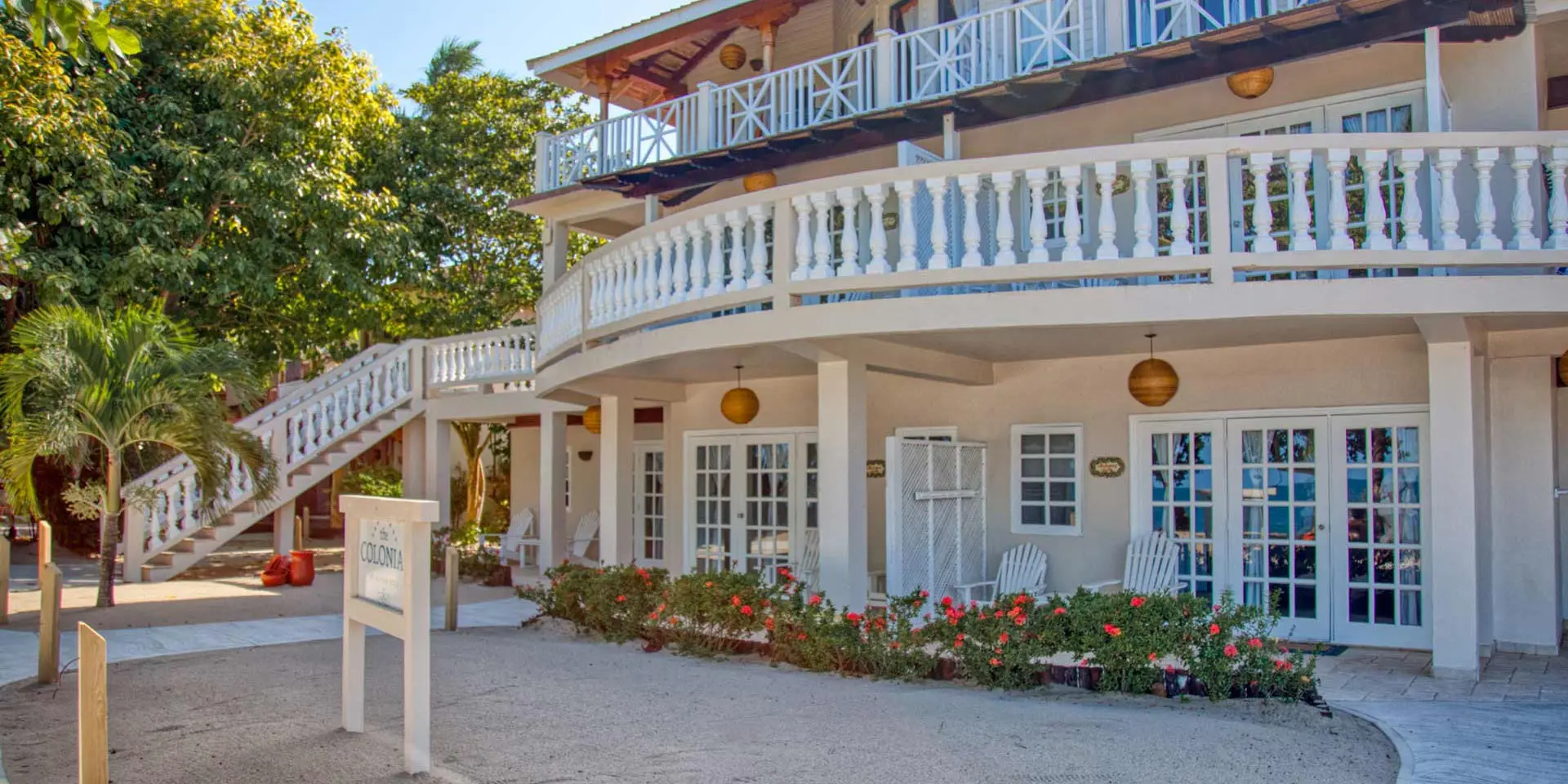 Front facade of The Colonial Inn at Jaguar Reef on the Caribbean coastline of Hopkins Village, Stann Creek District, Southern Belize