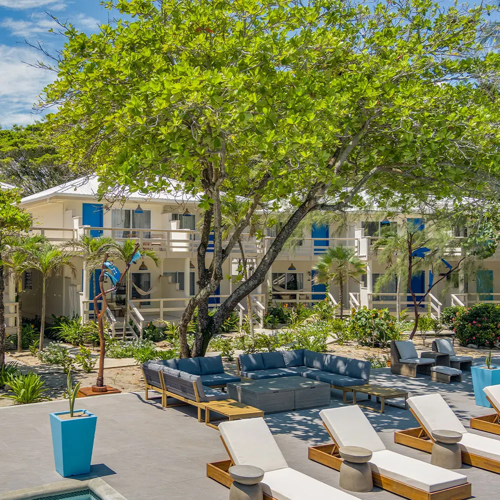 Chaises longues ombragées sous un arbre près du bord de la piscine avec des chambres de complexe à deux étages en arrière-plan au Blue Reef Beach Resort