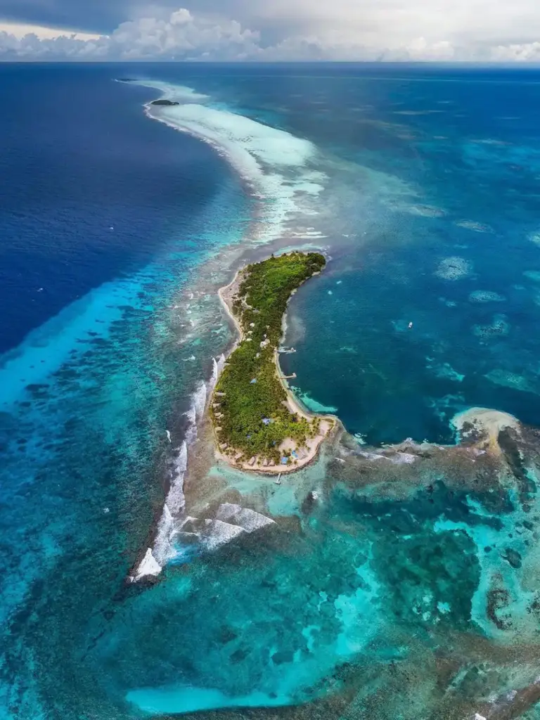 Île tropicale luxuriante et eaux bleues claires du récif mésoaméricain