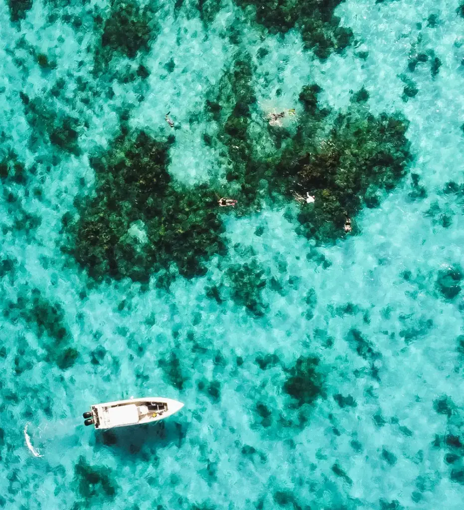 Una vista aérea con dron de una pequeña embarcación blanca y personas practicando esnórquel alrededor de arrecifes de coral oscuro en aguas oceánicas de un turquesa brillante y cristalino.
